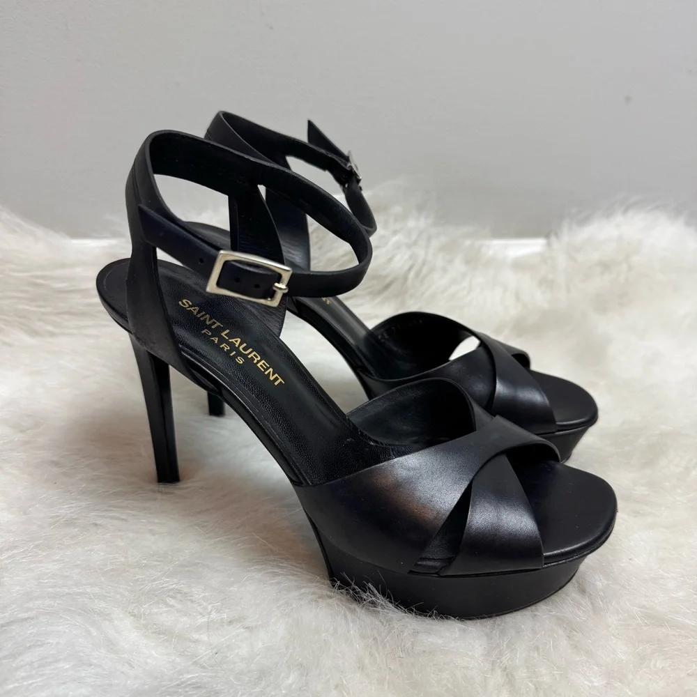 Authentic Saint Laurent Bianca Platform Criss Cross Leather Ankle Strap Heels - Picture 2 of 9